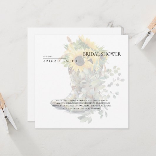 ブーツ素朴&サンフラワーモダンブライダルシャワー 招待状 (正面/裏面インサイチュ)