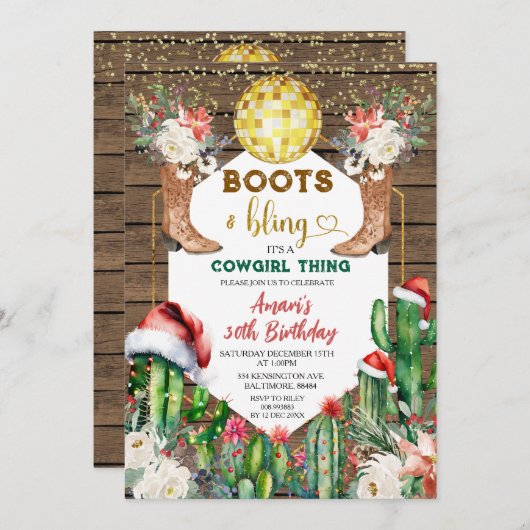 ブーツ&きらきら光る女性のカーボーイウッドクリスマス30th誕生日 招待状 (正面/裏面)