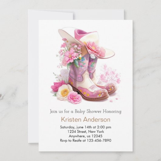 ブーツ&ハットウェスタン女性のカーボーイベビーシャワー 招待状 (正面)