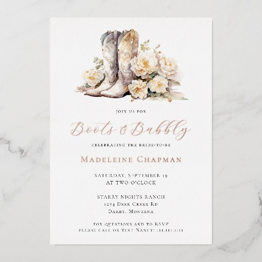 ブーツ&バブリーエレガントフローラブライダルシャワー金ゴールド 箔招待状 (正面)