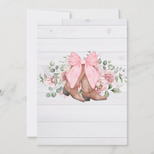 ブーツ&バブリーピンクボウ女性のカーボーイブライダルシャワー 招待状 (裏面)