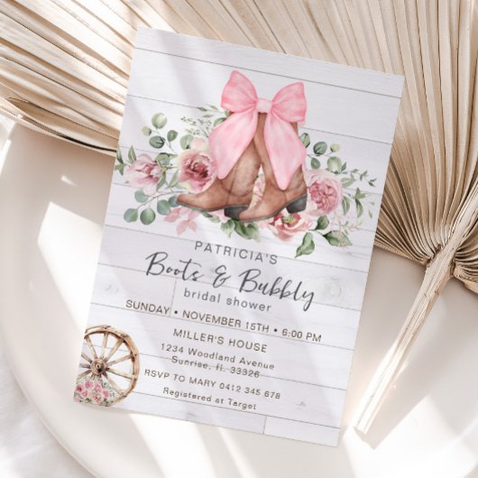 ブーツ&バブリーピンクボウ女性のカーボーイブライダルシャワー 招待状