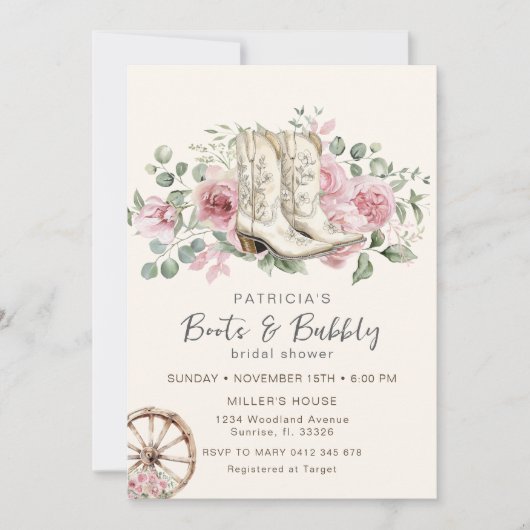 ブーツ&バブリーピンク女性のカーボーイブライダルシャワー 招待状 (正面)