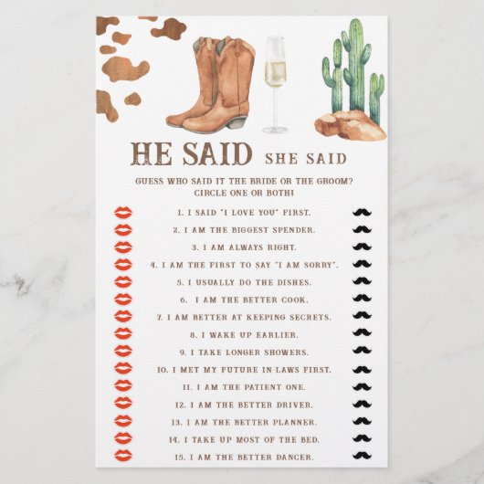 ブーツ&バブリーブライダルシャワー彼は彼女はゲームを言った (正面)