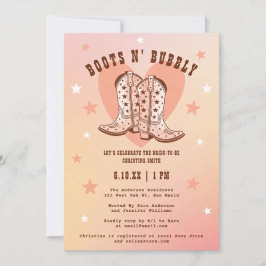 ブーツ&バブリー女性のカーボーイウエスタンピーチブライダルシャワー 招待状 (正面)