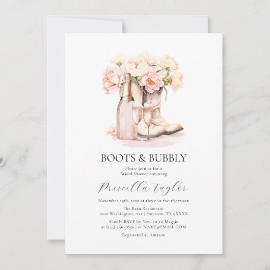 ブーツ&バブリー女性のカーボーイシャンパンブライダルシャワー 招待状 (正面)