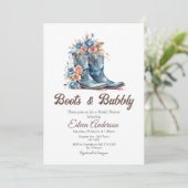 ブーツ&バブリー女性のカーボーイブルーブーツブライダルシャワー 招待状 (スタンド正面)