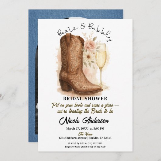 ブーツ&バブルカントリーウエスタンブーツブライダルシャワー 招待状 (正面/裏面)