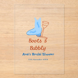 ブーツ&バブルシャンパンボトルブライダルシャワーブルー アクリル招待状