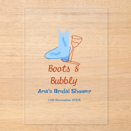 ブーツ&バブルシャンパンボトルブライダルシャワーブルー アクリル招待状 (正面)