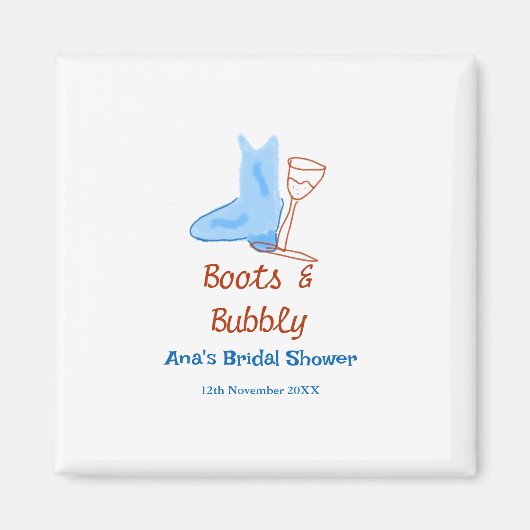 ブーツ&バブルシャンパンボトルブライダルシャワーブルー マグネット (正面)