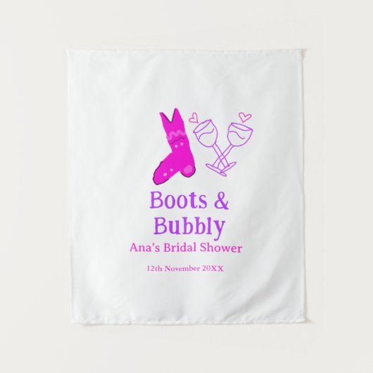 ブーツ＆バブル チャンピーンボトル ブライダルシャワー ピンク タペストリー (正面)