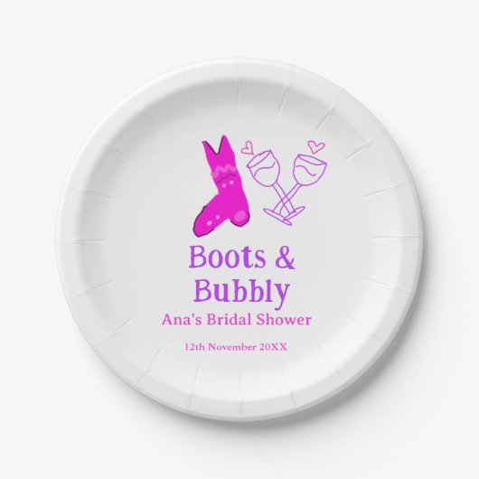 ブーツ＆バブル チャンピーンボトル ブライダルシャワー ピンク ペーパープレート (正面)