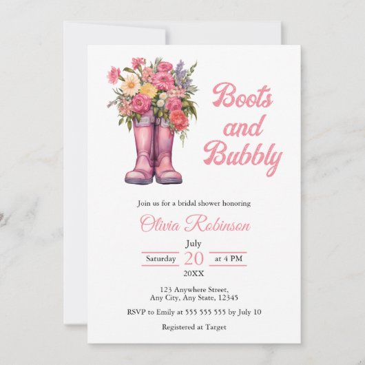 ブーツ&バブーブリーウェスタン女性のカーボーイピンクブライダルシャワー 招待状 (正面)