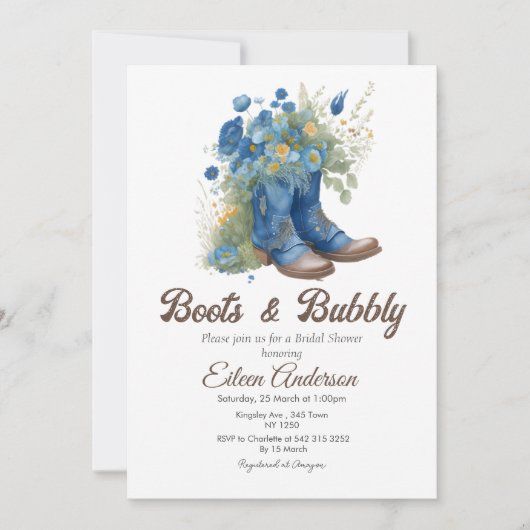 ブーツ&バブーブリーウェスタン女性のカーボーイブルーブライダルシャワー 招待状 (正面)