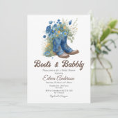 ブーツ&バブーブリーウェスタン女性のカーボーイブルーブライダルシャワー 招待状 (スタンド正面)