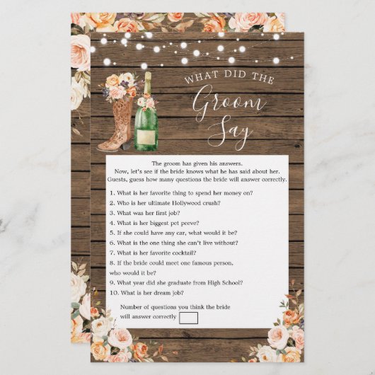 ブーツ&バ素朴ブリーブライダルシャワーグルームセージゲーム (正面/裏面)