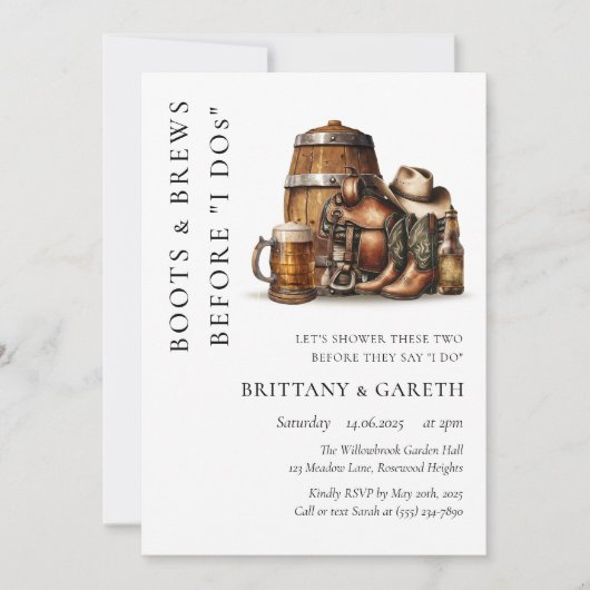 ブーツ&ブリュウズウィドスドスウェディングシャワー醸造所 招待状 (正面)