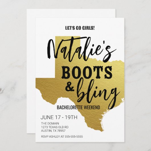 ブーツ&ブリング テキサス バチェロレッテ パーティー招待状 招待状 (正面/裏面)