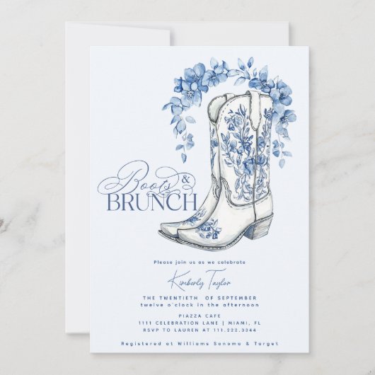 ブーツ&ブルンチダスティブルーフローラブライダルシャワー 招待状 (正面)