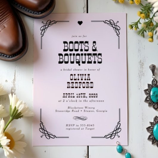ブーツ&ブーケツウェスタン女性のカーボーイブライダルシャワー 招待状