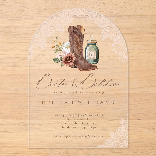 ブーツ&ボトル女性のカーボーイウェスタンベビーシャワーアーチ アクリル招待状 (正面)