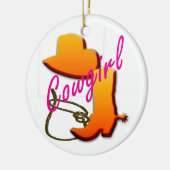 ブーツ、帽子およびロープのデザインの女性のカーボーイの文字 セラミックオーナメント (左)