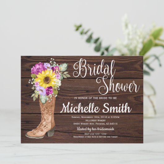 ブート素朴カントリーヒマワリフローラブライダルシャワー 招待状 (スタンド正面)