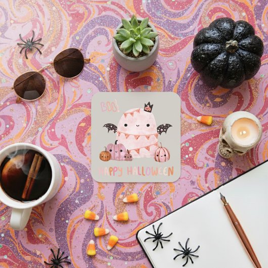 ブーハッピーハローウィンピンク幽霊シール スクエアシール