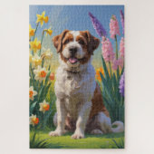 ブービエデスフランドレスドッグ春の花絵を描ズ ジグソーパズル (縦)