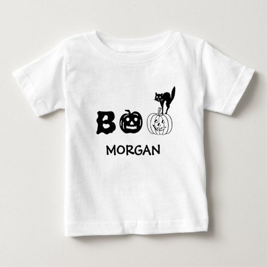 ブーブブラックキャットカボチャ顔名前をカスタムするハロウィーン ベビーTシャツ (正面)