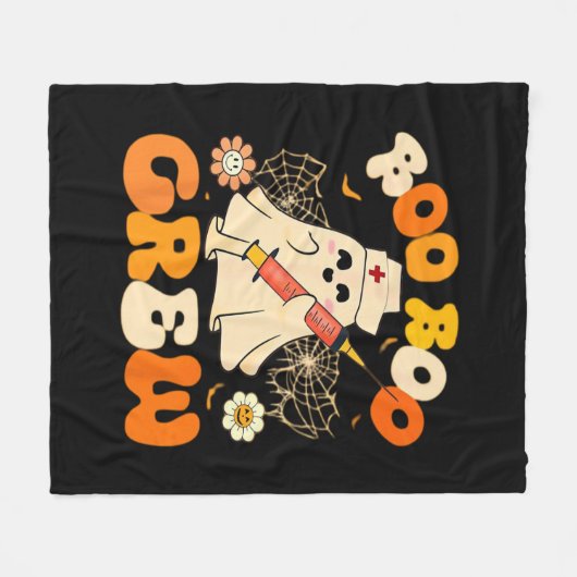 ブーブークルーおもしろい幽霊ナース、レトロハロウィー フリースブランケット (正面(横))