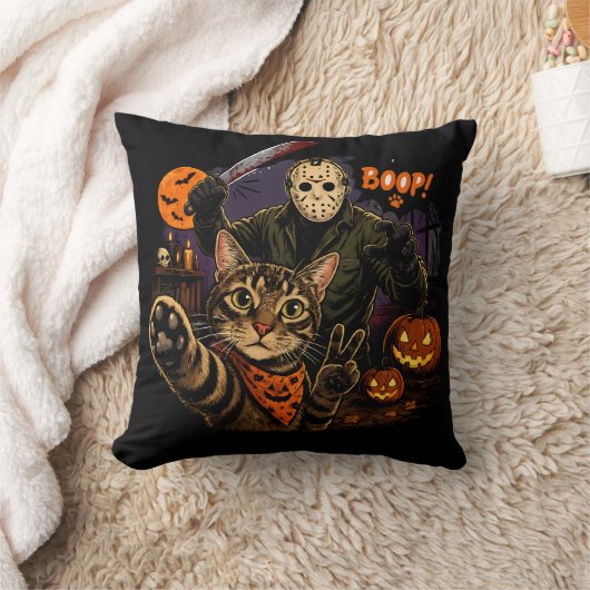 ブープ言って!ホラーな猫の自撮り ジェイソン ハロウィン クッション (ブランケット)