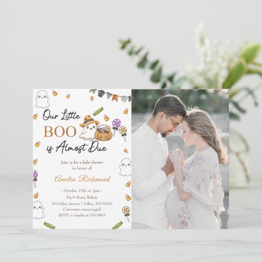 ブーベイビーシャワー私たちの小さなブーイングはほとんどデューフォト 招待状 (スタンド正面)