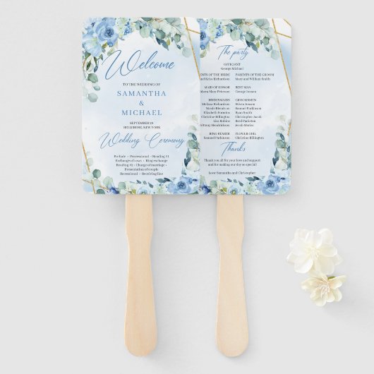 ブーホライトブルーの花ユーカリと金ゴールド枠 ハンドファン (正面&裏面)