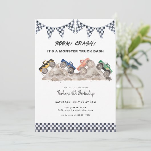 ブームクラッシュモンスタートラック誕生日招待状 招待状 (スタンド正面)