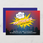 ブームスーパーヒーロー子供の誕生日パーティの招待状 招待状 (正面/裏面)