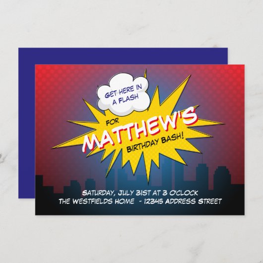 ブームスーパーヒーロー子供の誕生日パーティの招待状 招待状 (正面/裏面)