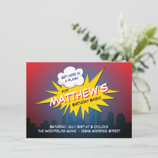 ブームスーパーヒーロー子供の誕生日パーティの招待状 招待状 (スタンド正面)