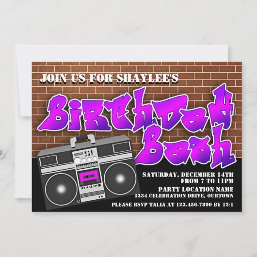 ブームボックスヒップホップ誕生日パーティー 招待状 (正面)