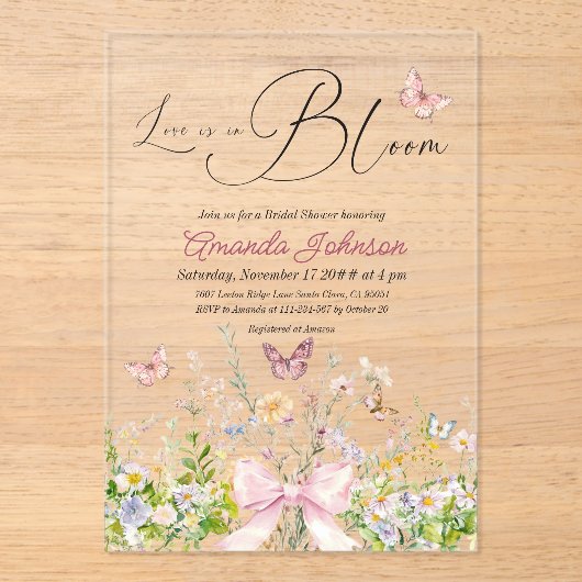 ブームワイルドフラワーピンクボウブライダルシャワー アクリル招待状 (正面)