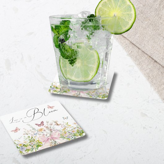 ブームワイルドフラワーピンクボウブライダルシャワー スクエアペーパーコースター