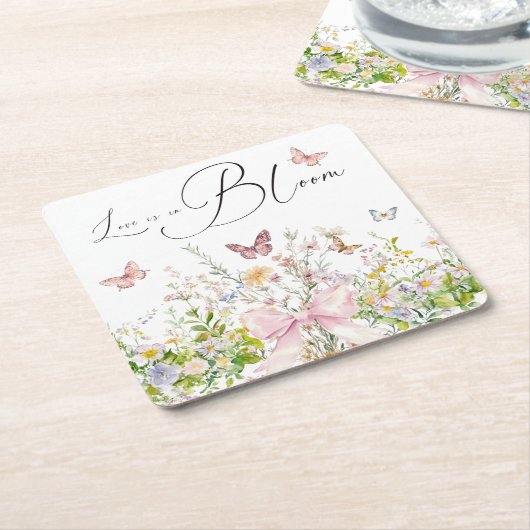 ブームワイルドフラワーピンクボウブライダルシャワー スクエアペーパーコースター (アングル)