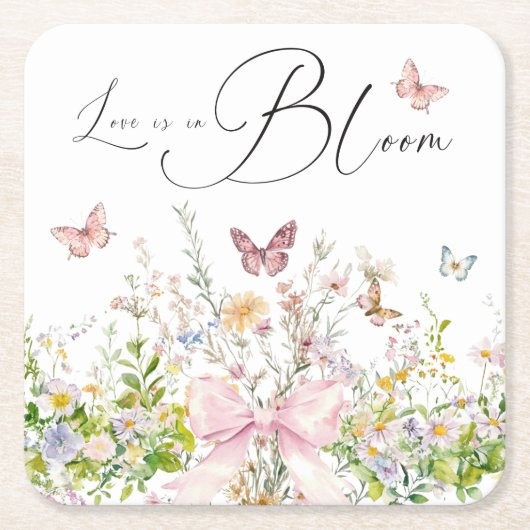 ブームワイルドフラワーピンクボウブライダルシャワー スクエアペーパーコースター (正面)