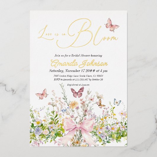 ブームワイルドフラワーピンクボウブライダルシャワー 箔招待状 (正面)