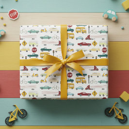 ブーム！交通パターンの車、トラック、バス、バイク、誕生日 ラッピングペーパーシート
