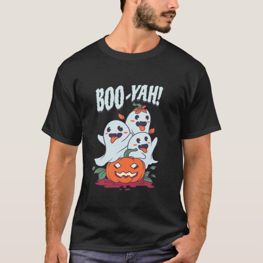 ブーヤおもしろい幽霊ハロウィーンのカボチャのちょうちんパンプキンハロー Tシャツ (正面)