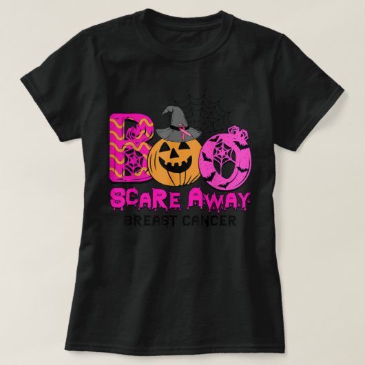 ブー乳がんピンクリボン面白いハロウィンポンプ Tシャツ (デザイン正面)