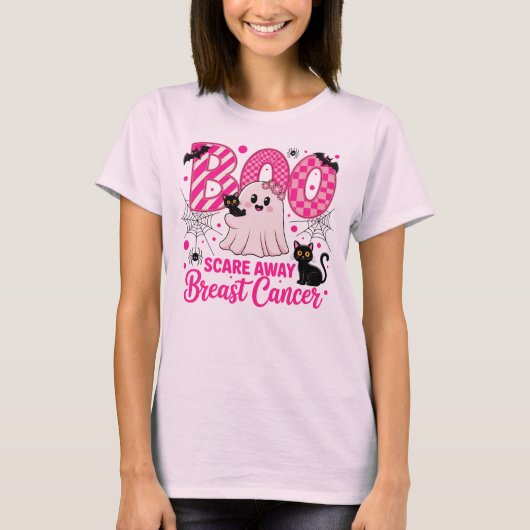 ブー乳が遠くにん、かわいい幽霊と猫を怖がる Tシャツ (正面)