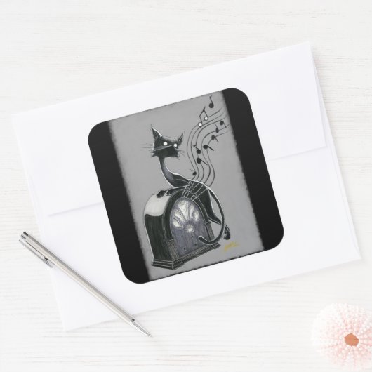 ブー子猫が音楽を聴く スクエアシール (封筒)